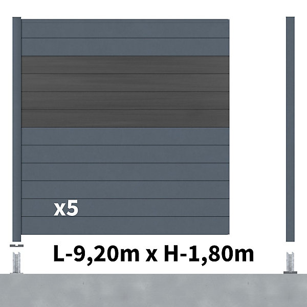 Kit Clôture Aluminium BAHIA &CRUZ Ardoise 9,20x1,8m - Aluminium et bois composite - Poteaux sur Platines gris - Occultation