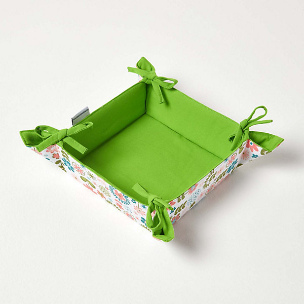 Corbeille à pain carré - tissu fleurs et vert uni réversible - HOMESCAPES