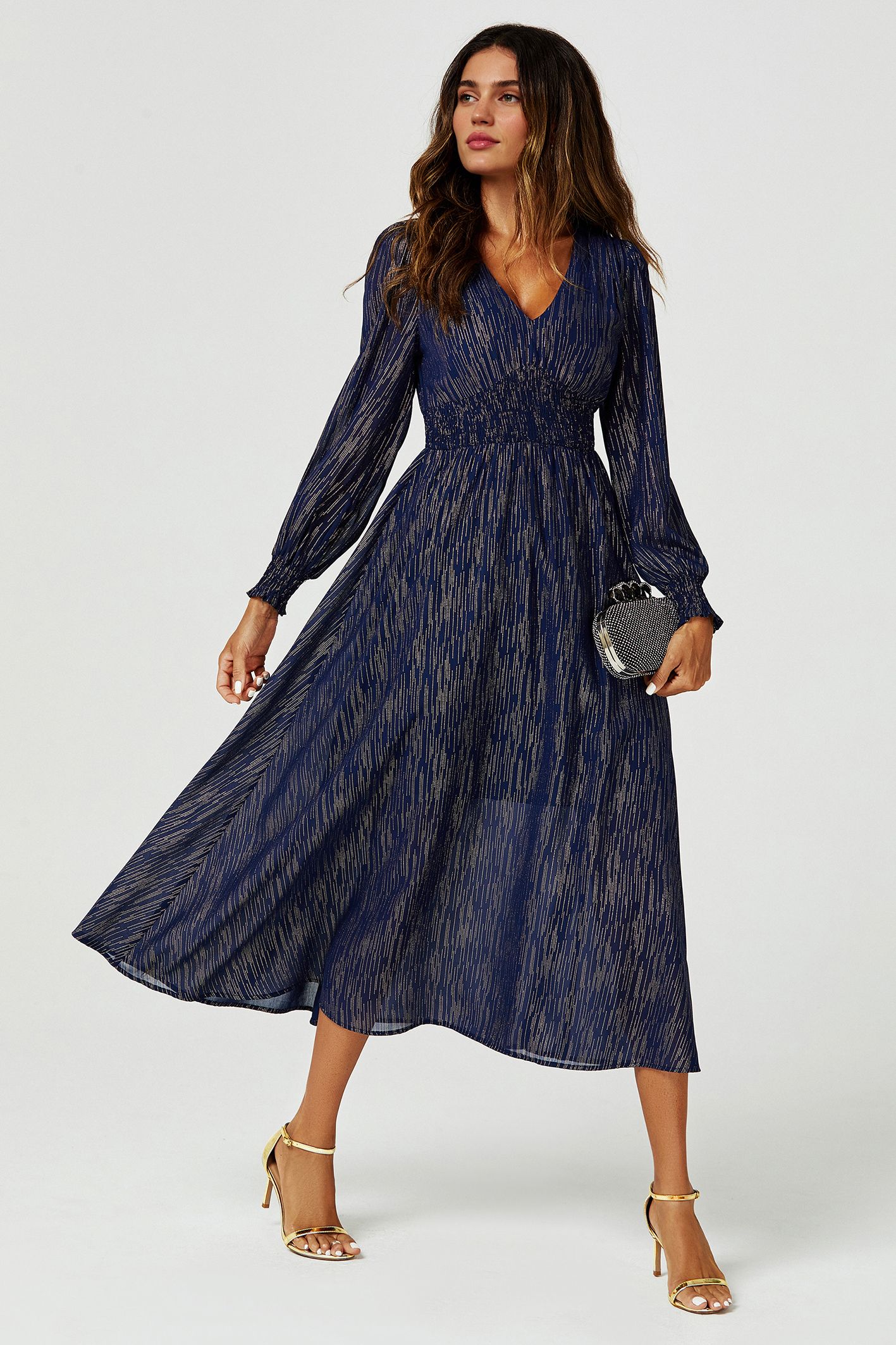 FS Collection Gold Stripe Foil V-Neckline Long Sleeve Maxi Dress In Navy