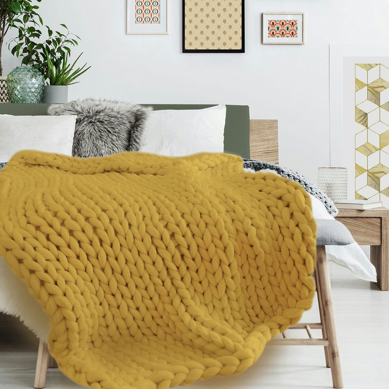 CHUNKY - Plaid grosse maille en acrylique 150x120 cm jaune