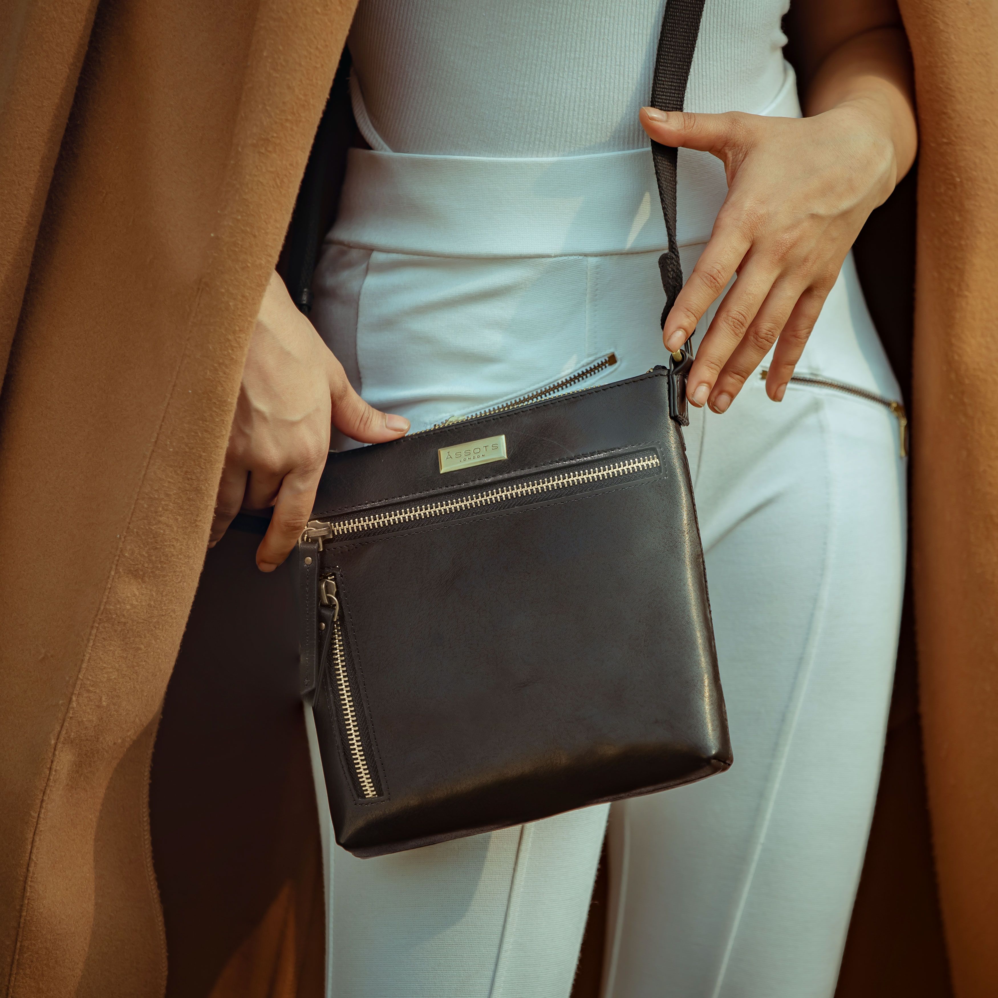 Assots London RUE' Polished VT Real Leather Crossbody Bag