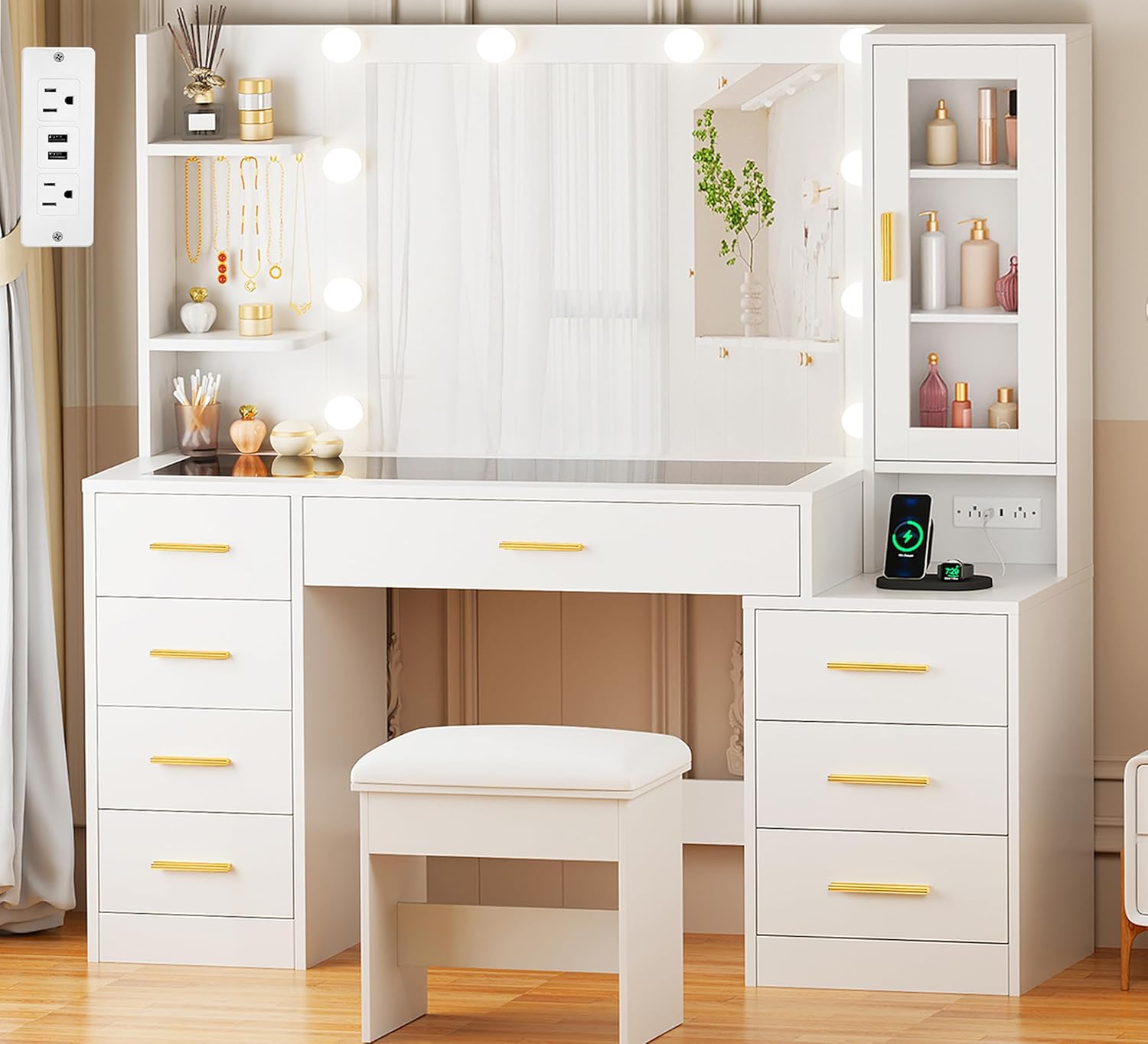 ANWBROAD 49.2 Large Vanity Desk with Mirror and Lights White Makeup Vanity Desk with Glass Top and Power Outlet 8 Drawers Nightstand 5 Hooks Vanity Table with Stool for Bedroom Women Girls UBDT88W