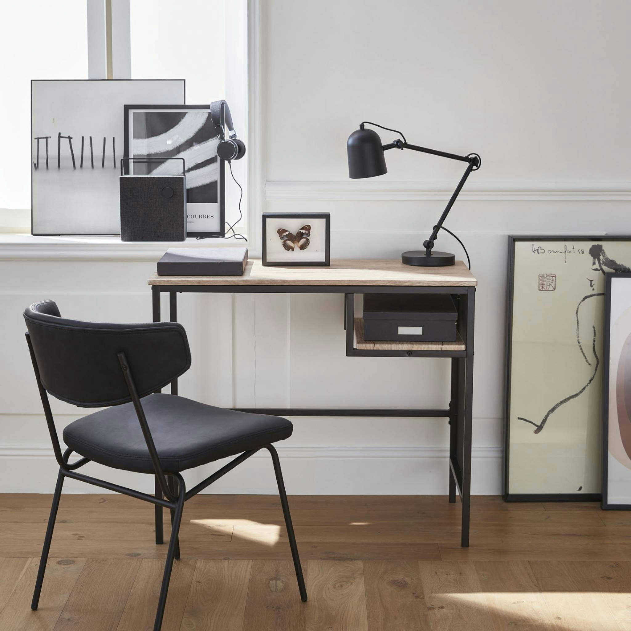 LOFT - Bureau décor bois et métal, 90cm, 1 casier
