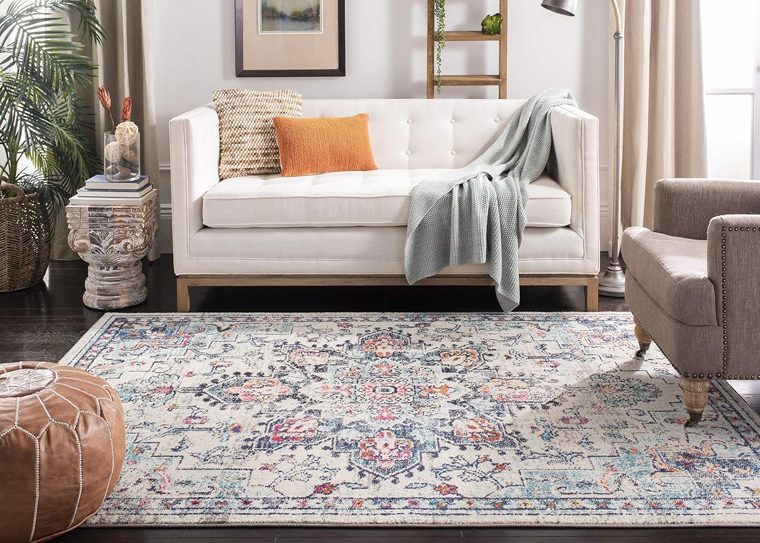 SAFAVIEH Area Rug 9x12 - Madison Collection - Large - Cream & Blue, Boho Chic Distressed Medallion Design, Non-Shedding & Easy to Clean, Ideal for Living Room, Bedroom, Dining Space (MAD473B)