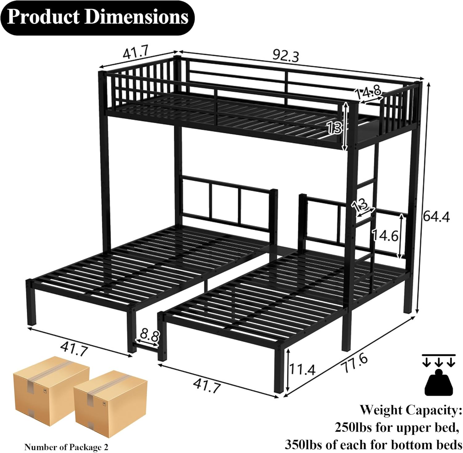Bellemave Triple Bunk Bed for Kids, Detachable Twin Over Twin Over Twin Metal Bunk Bed with Guardrails, Ladder & Storage, Converts to 3 Separate Twin Beds, Easy to Assemble (3 Bunk Beds for Kids)