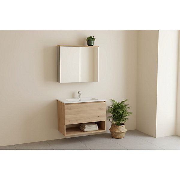 Meuble de rangement de salle de bain ERMANOFinition bois et gris brillant, 80 cm