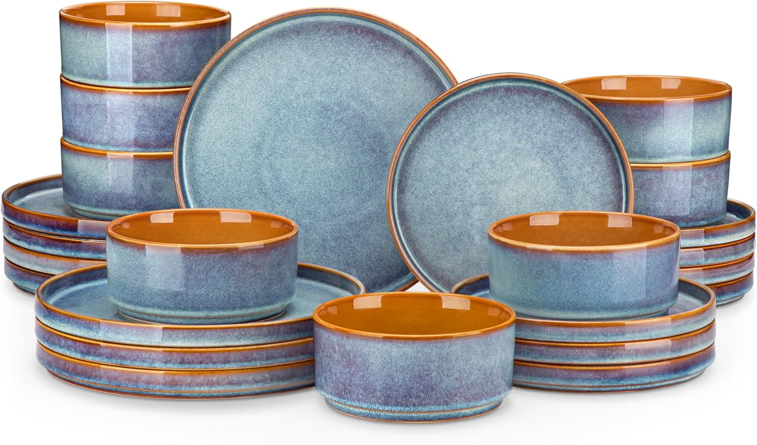 vancasso ONION Ceramic Plates and Bowls Sets, 24 Pieces Blue Dinnerware Sets for Kitchen, Reactive Glaze Dishes Set for 8, Dishwasher and Microwave Safe