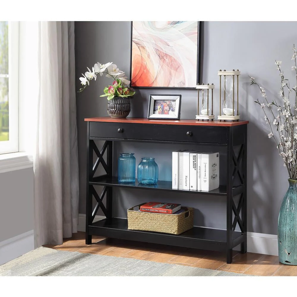 Oxford 1 Drawer Console Table with Shelves, Cherry/Black