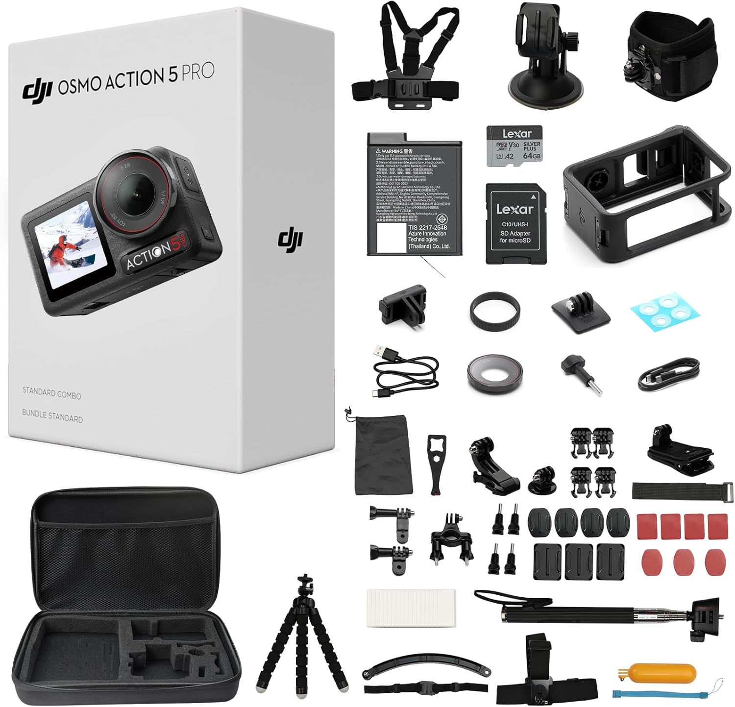 DJI Osmo Action 5 Pro Standard Combo with 58 Piece Accessory Kit+ 64GB Card - Waterproof Action Camera with 1/1.3 Sensor  4K/120fps Video  Action Camera 4K Ideal for Sports (Total 1 Battery)
