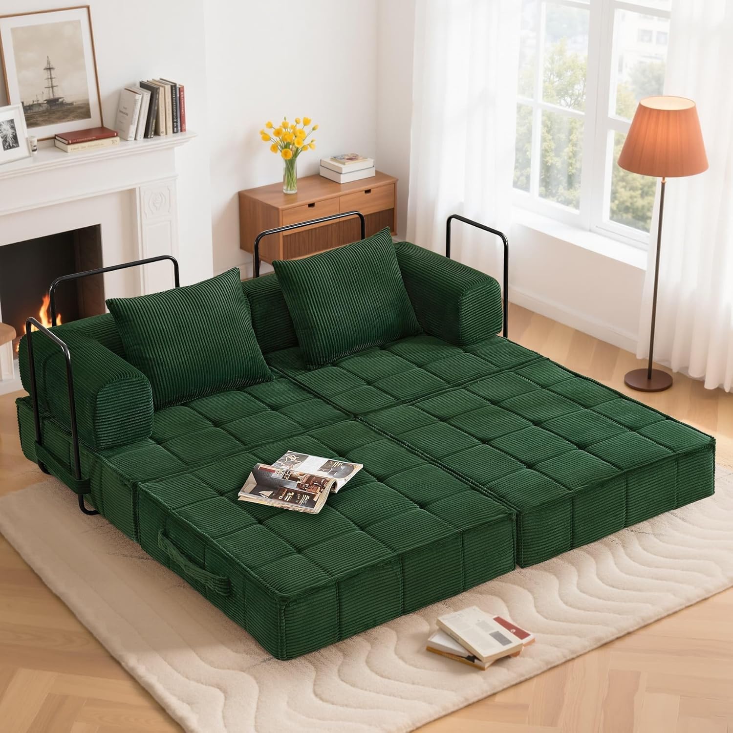 6-in-1 Convertible Sleeper Sofa Bed, Corduroy Folding Mattress Couch with Fixed-Shape Frame, Modular Foldable Boneless Couch, Loveseat Couches with 2 Pillows, for Living Room, Bedroom, Green