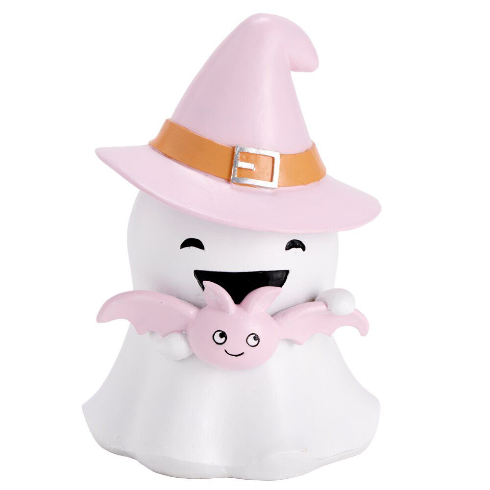 Fantôme Halloween décoratif sorcier mignon résine blanc et rose pastel Ø17xH25cm