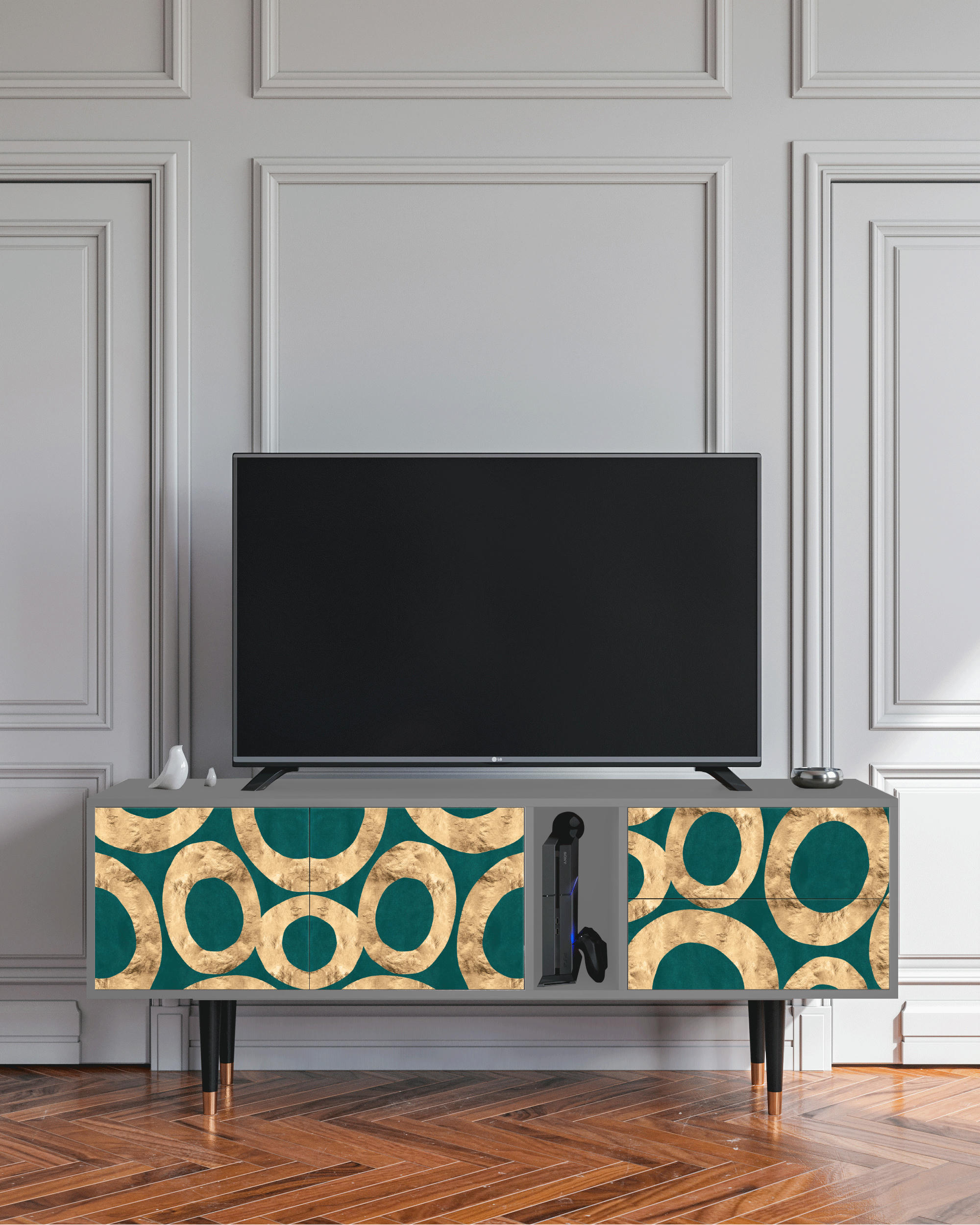 ZIRCON SPHERE - Meuble TV  bleu-vert 2 tiroirs et 2 portes L 170 cm