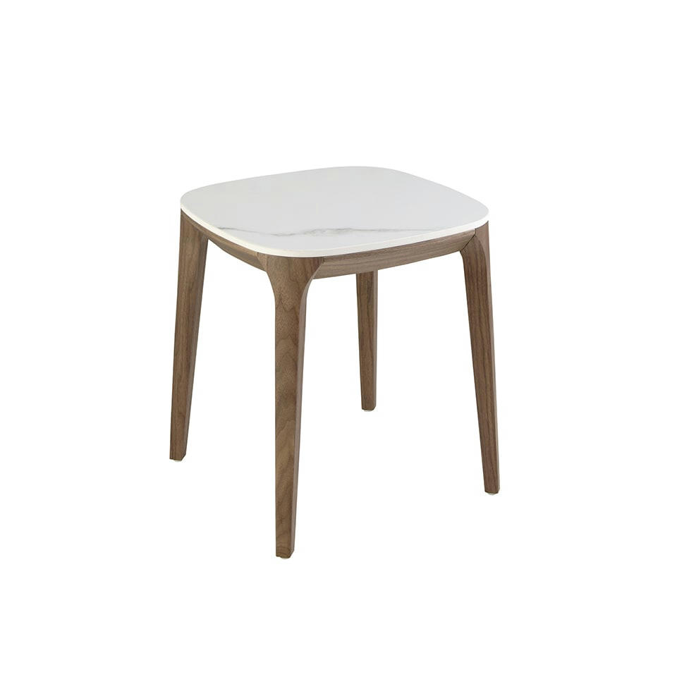 - Table d'angle carrée en marbre porcelaine et noyer