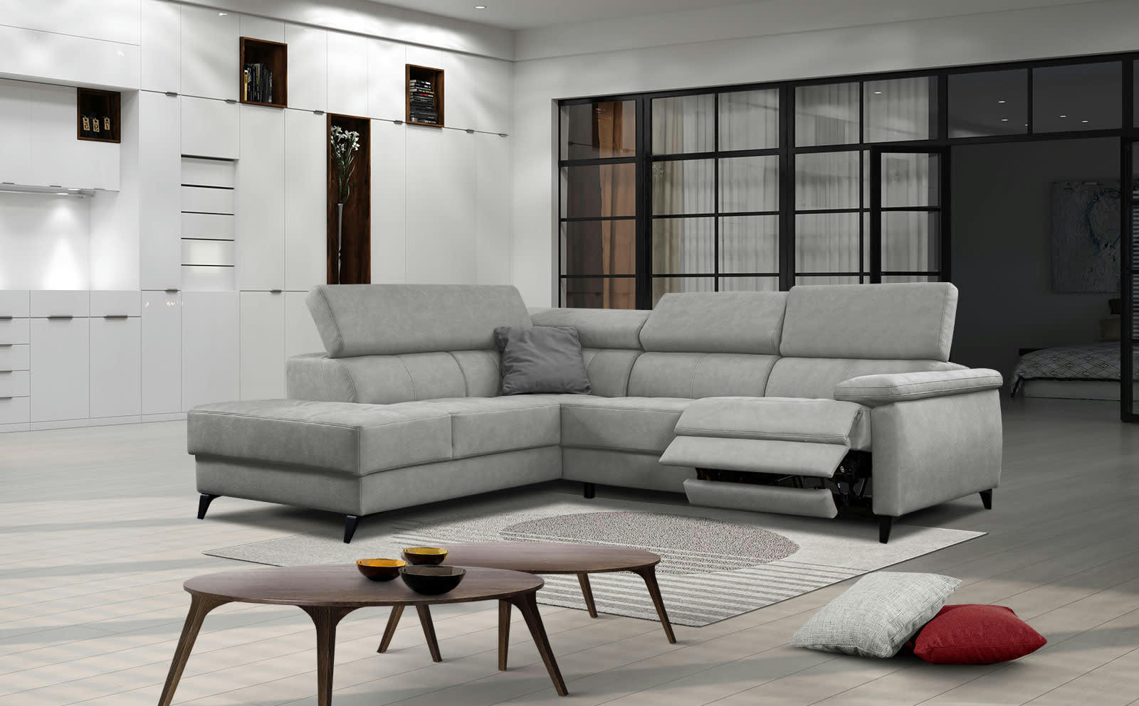 TAUNUS - Le canapé d'angle gauche 5 places gris clair avec une relaxation