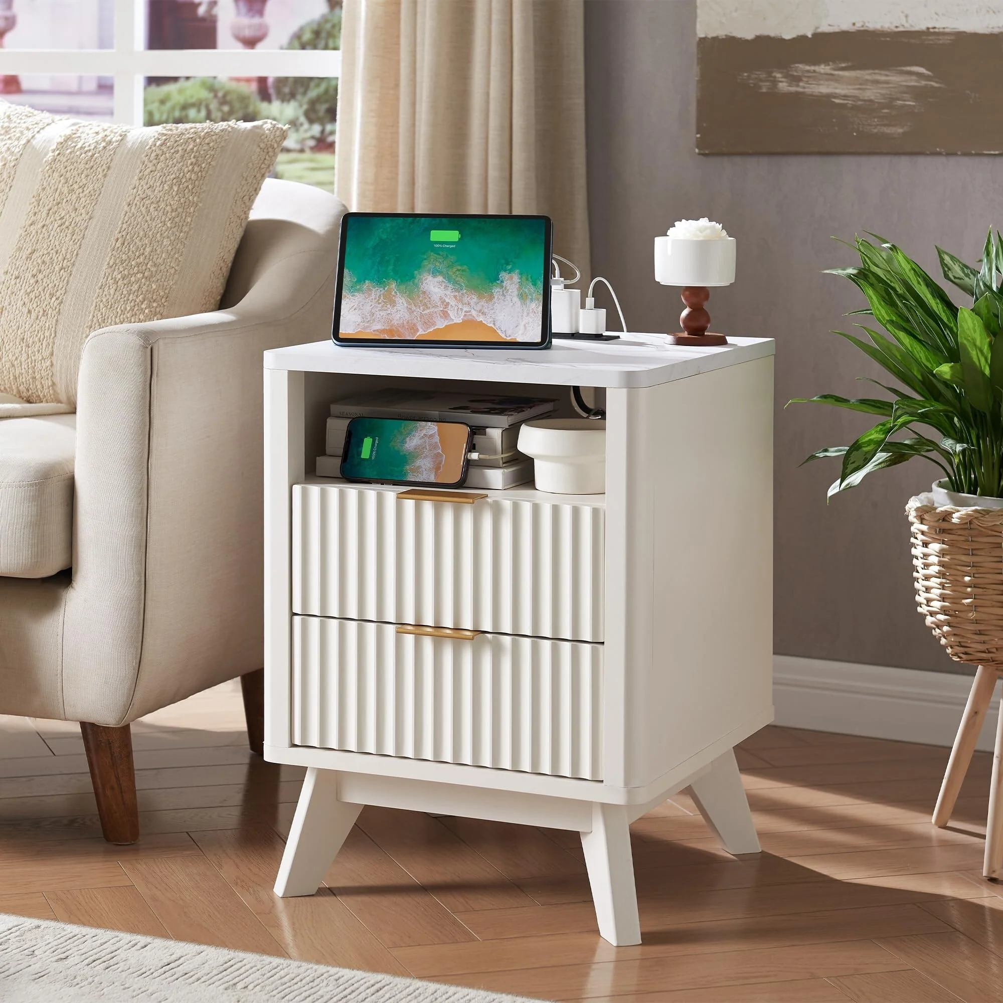 Modern Fluted Nightstand Set of 2 with Charging Station - 18 Faux Marble Top Bedside Tables with 2 Drawers