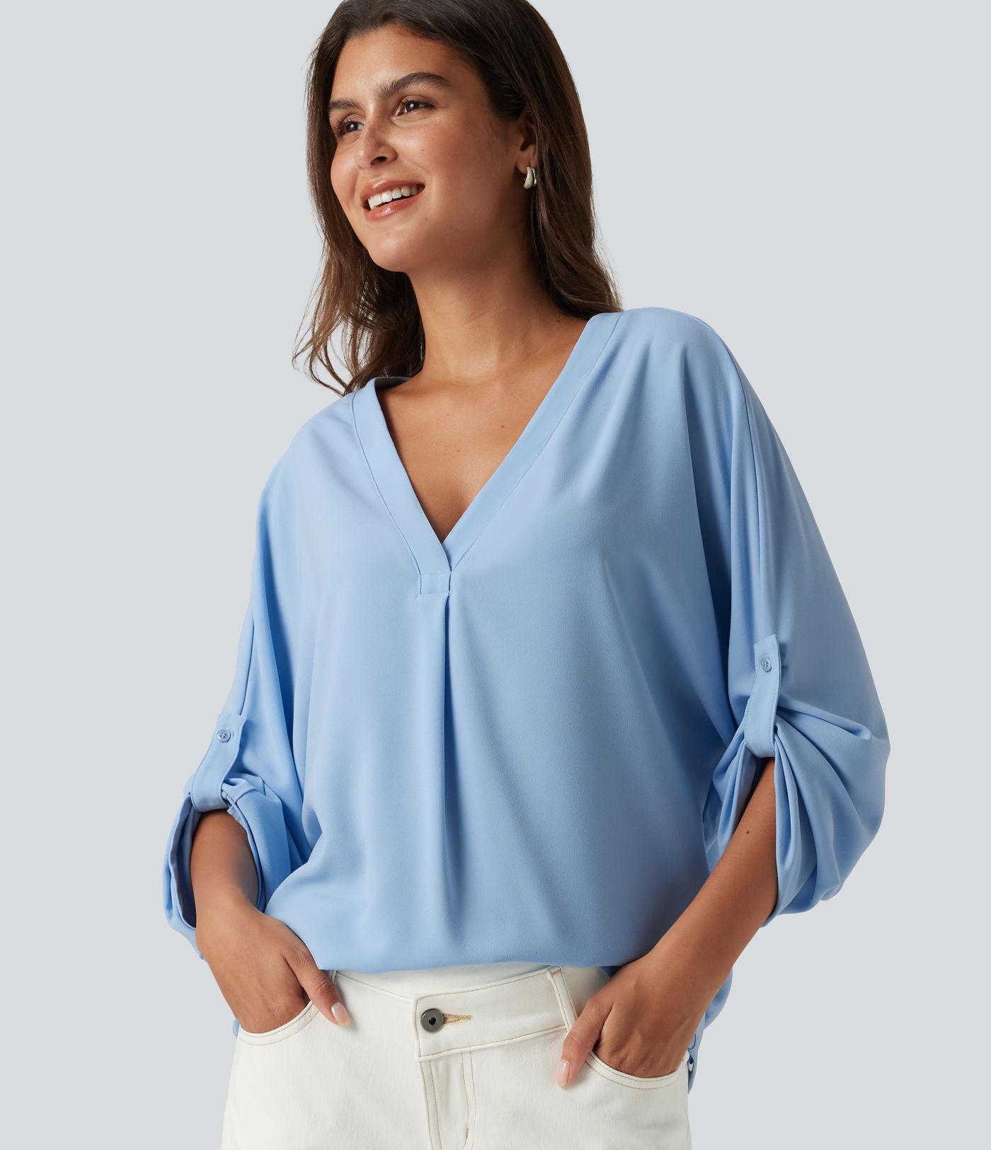 Blouse de bureau à col V et manches longues chauve-souris