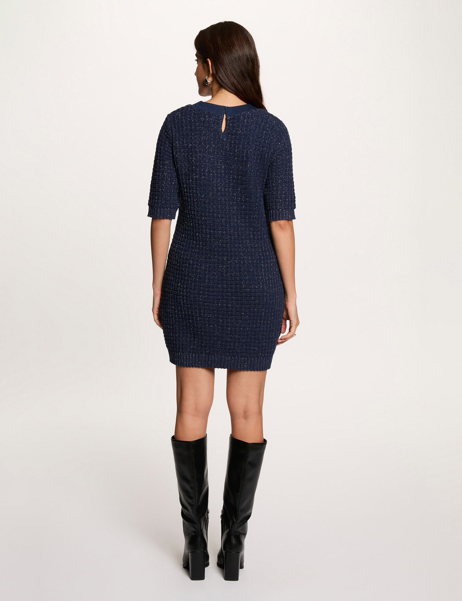 Knitted Dress With Round Neck Navy Blue Women
