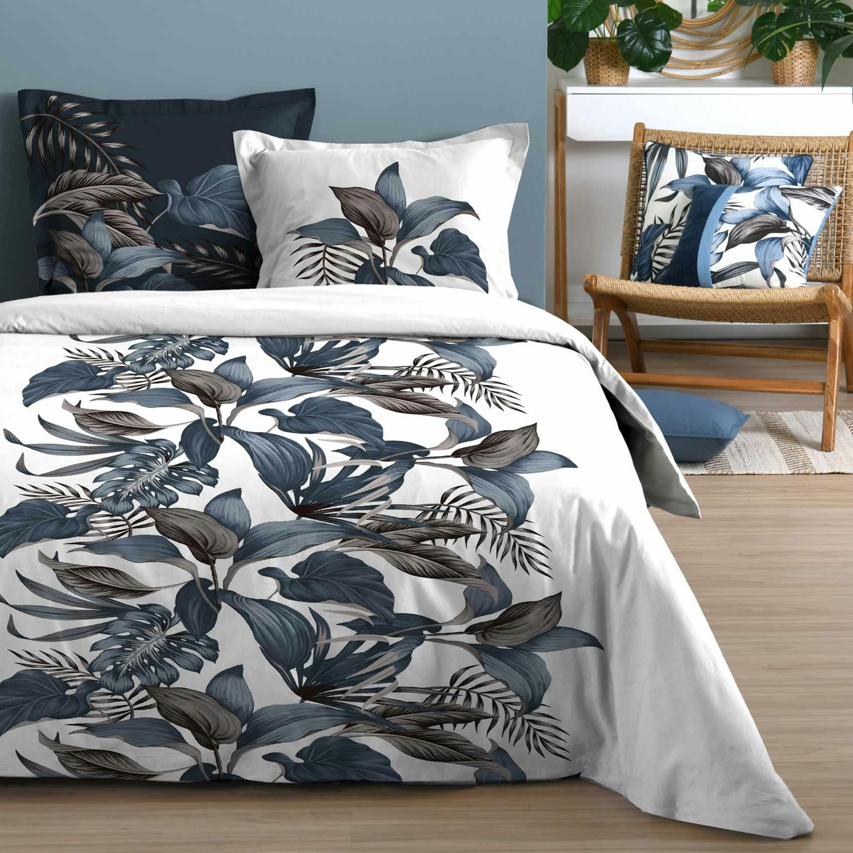 PARAISO - Parure de lit exotique chic coton bleu 220x240cm