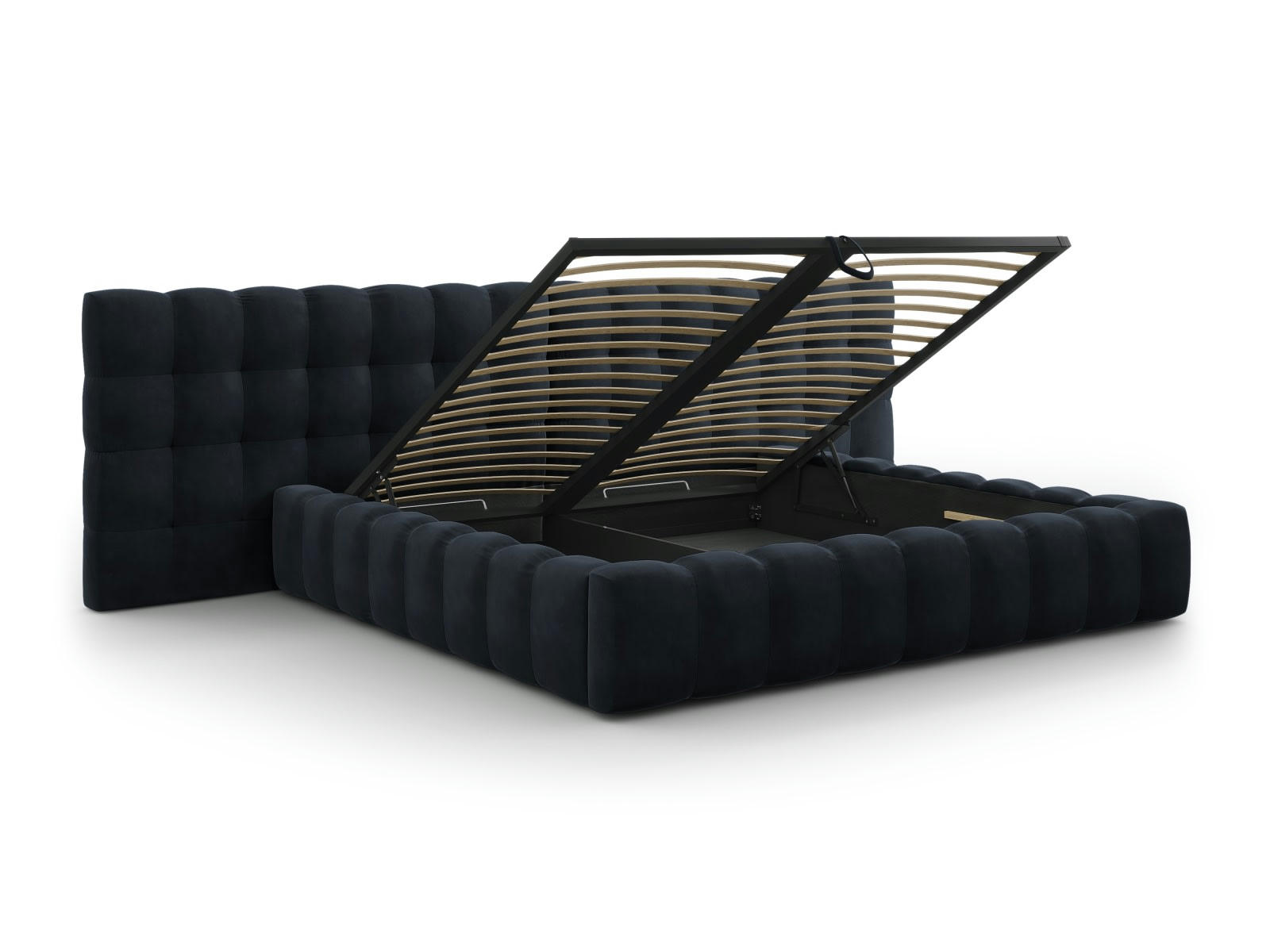 MAMAIA - Lit coffre en avec tête de lit double 200x200cm velours bleu foncé