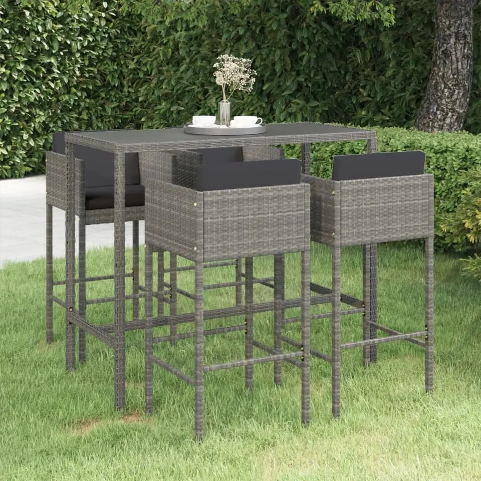 vidaXL - Tuinbarset - Grijs - Poly rattan - 5 stuks - Met kussens