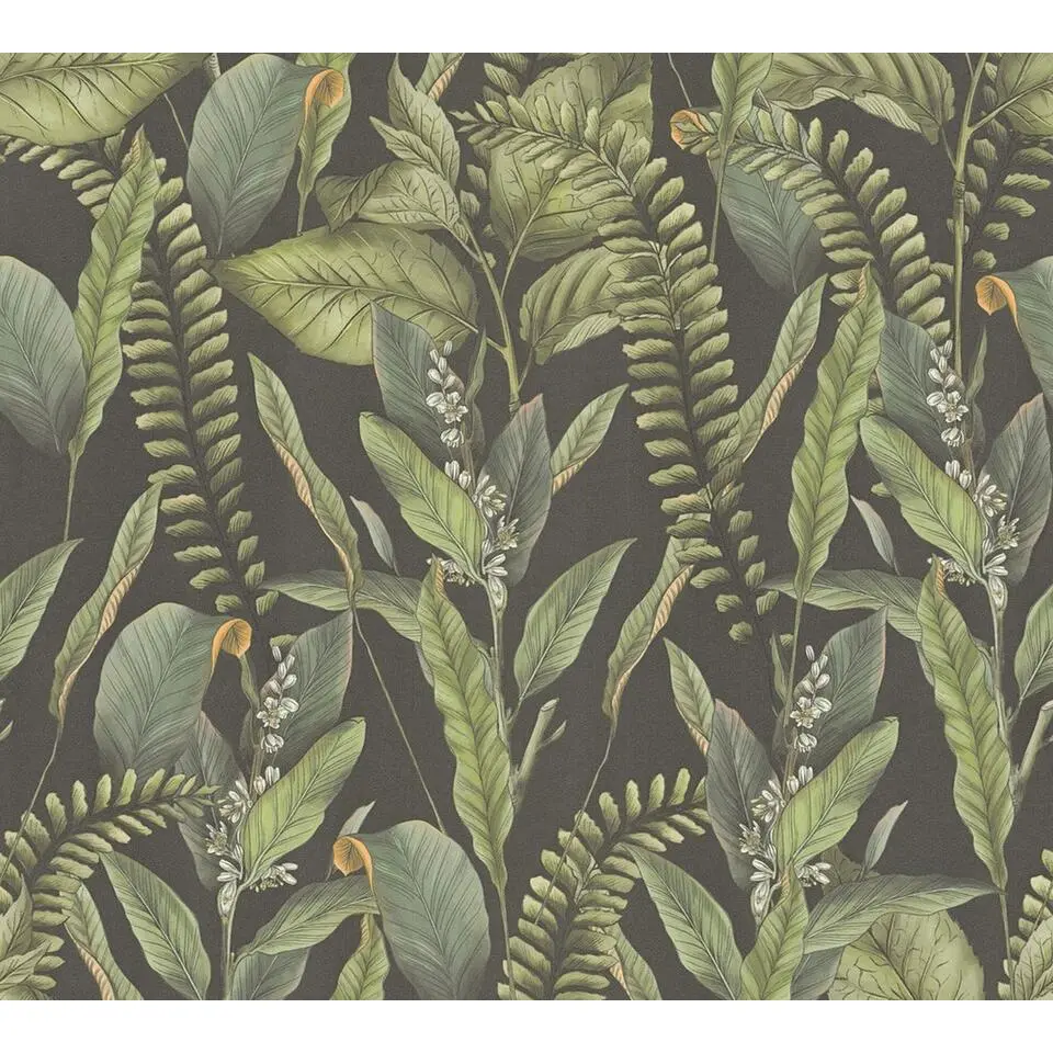 Livingwalls behang tropische bladeren zwart, groen en oranje - 53 cm x 10.05 m