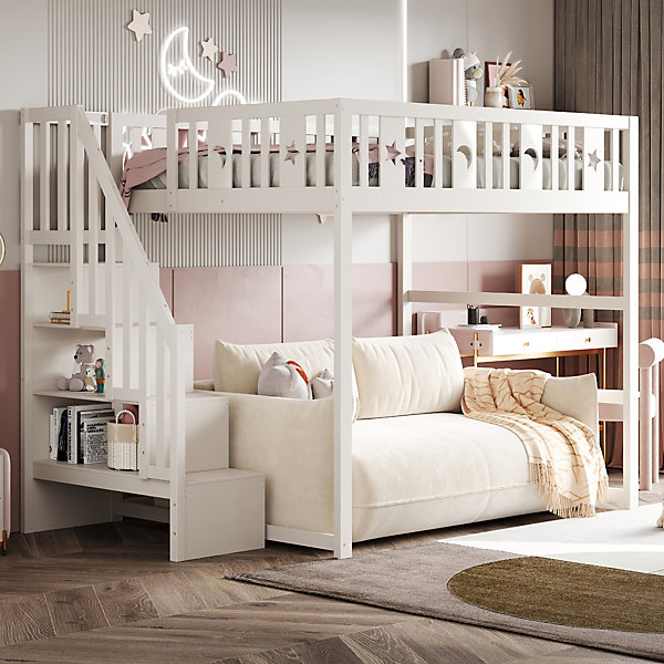 Lit mezzanine 140x200 cm double enfant avec escalier intégré et sécurité, décor lune et étoiles, bois massif blanc sans matelas