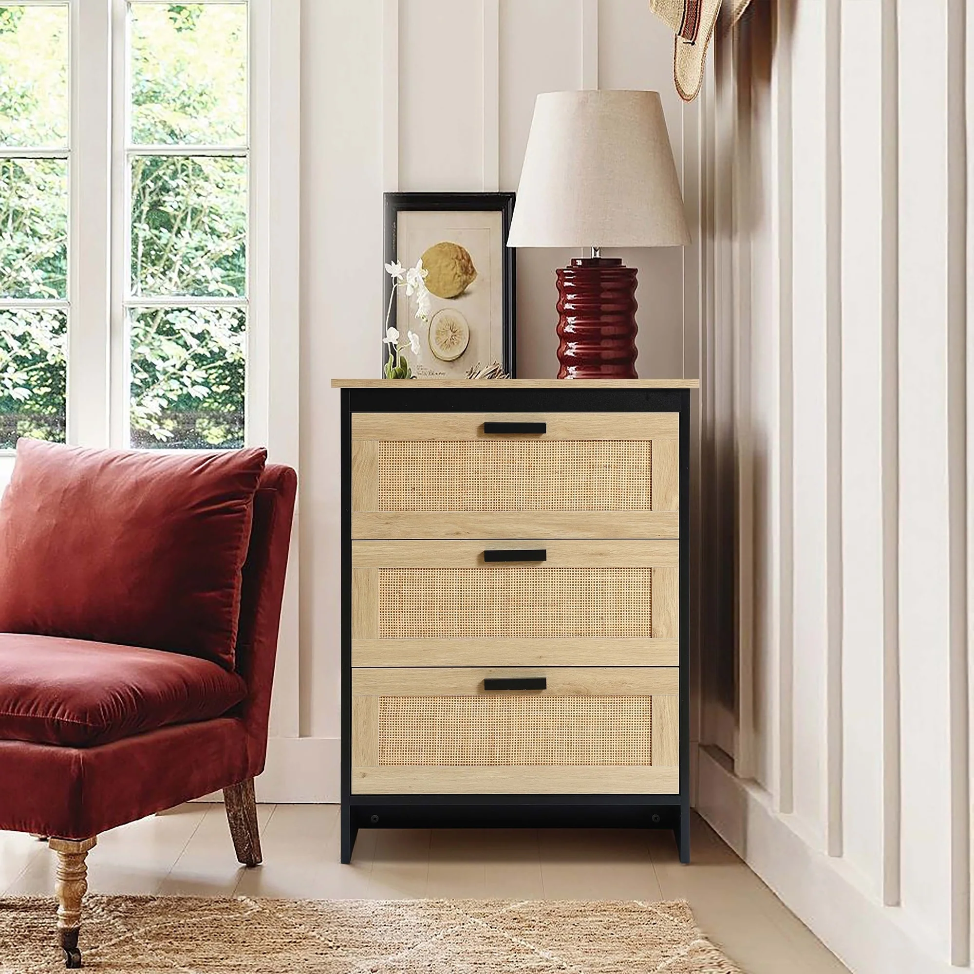 Black and Brown Wood 3-Drawer Rattan Chest