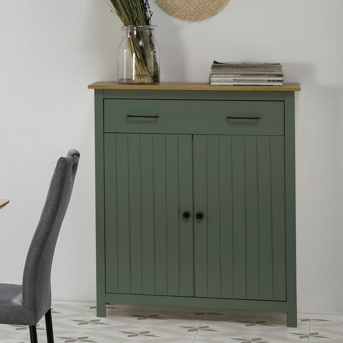 IDA - Buffet 2 portes 1 tiroir en pin massif / vert 90 cm