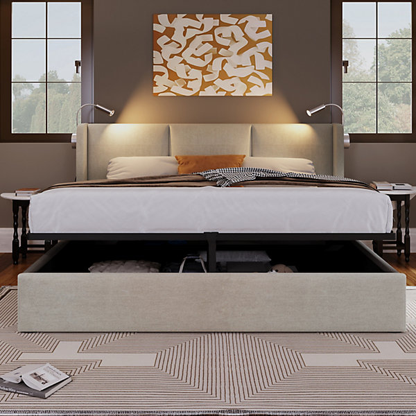 Lit 160x200 avec Sommier LED et USB, Lit Double avec à Lattes et Espace de Rangement, Leinen, Gris