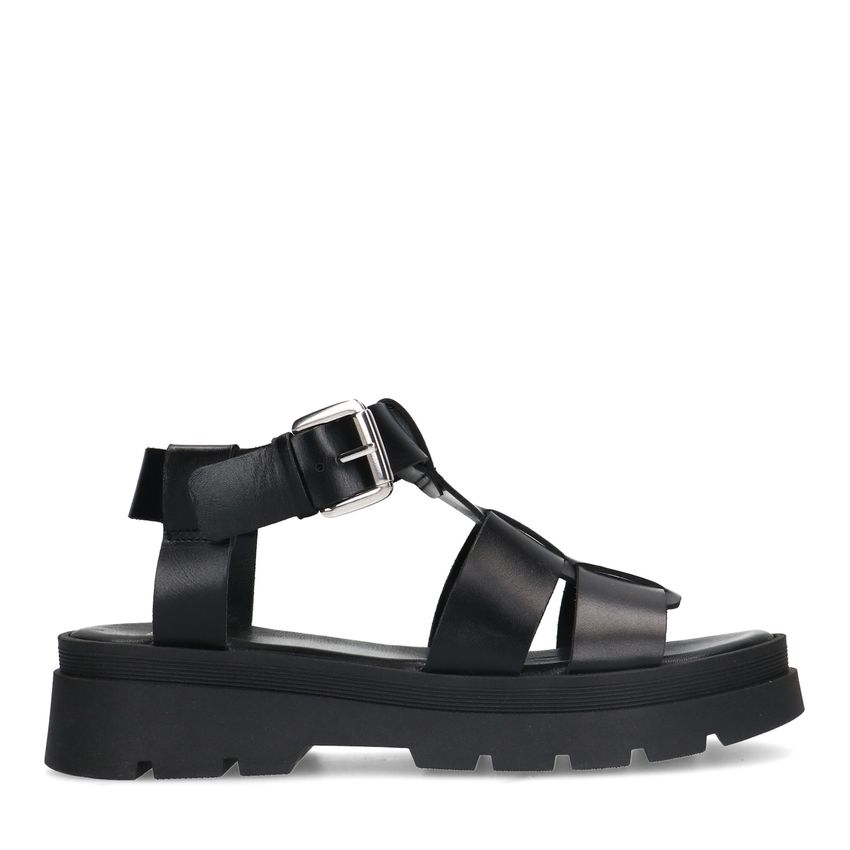 Manfield Zwarte leren sandalen