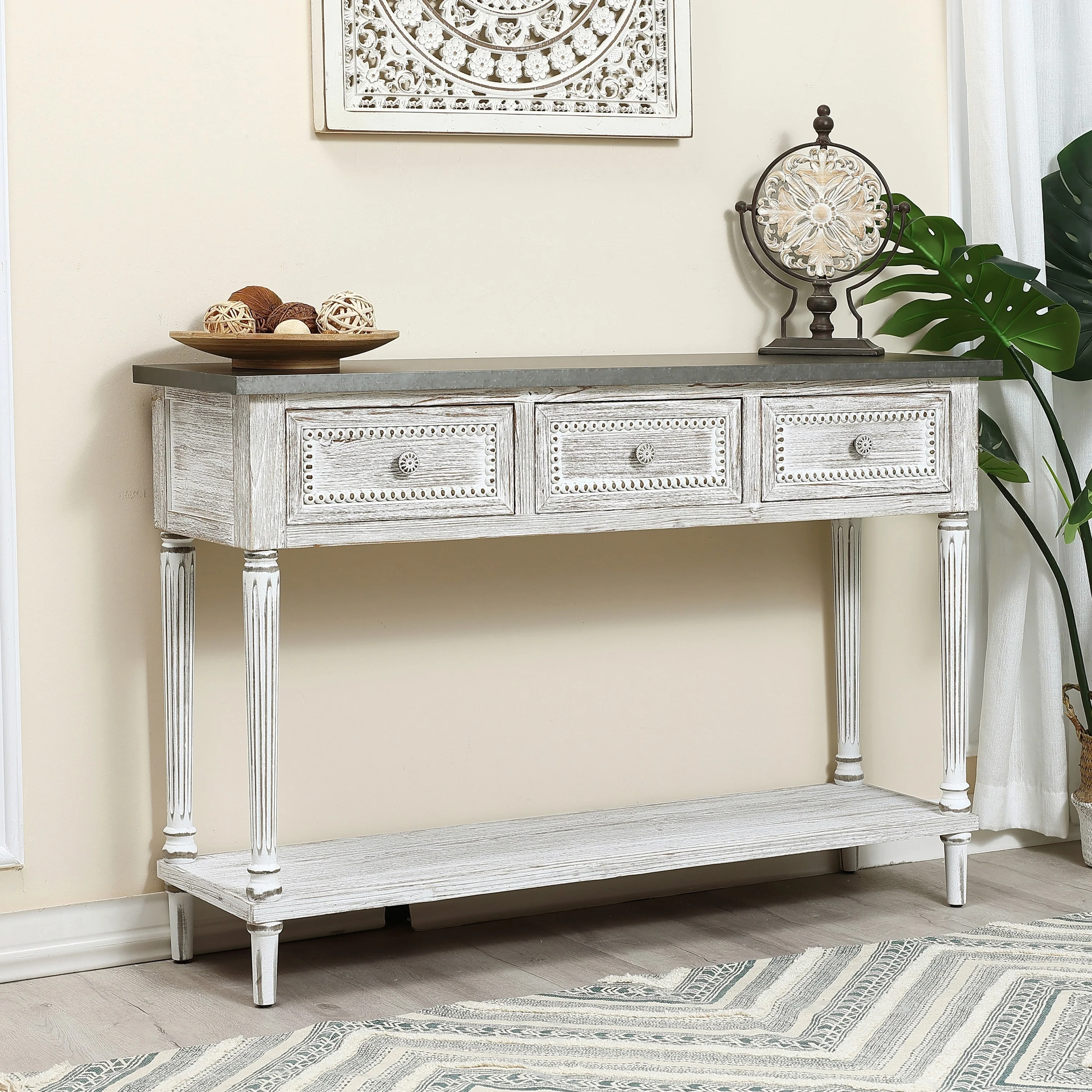 Farmhouse Distressed Wood and Metal 3-Drawer Console Table