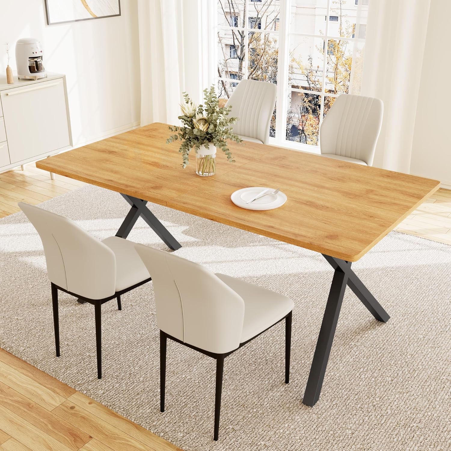 HIPIHOM 5-Piece Dining Table Set for 4-6 People, 63 MDF Kitchen Table with 4 Upholstered Chairs, Metal Legs for Dining Room, Kitchen(Oak Table+4 White Chairs)