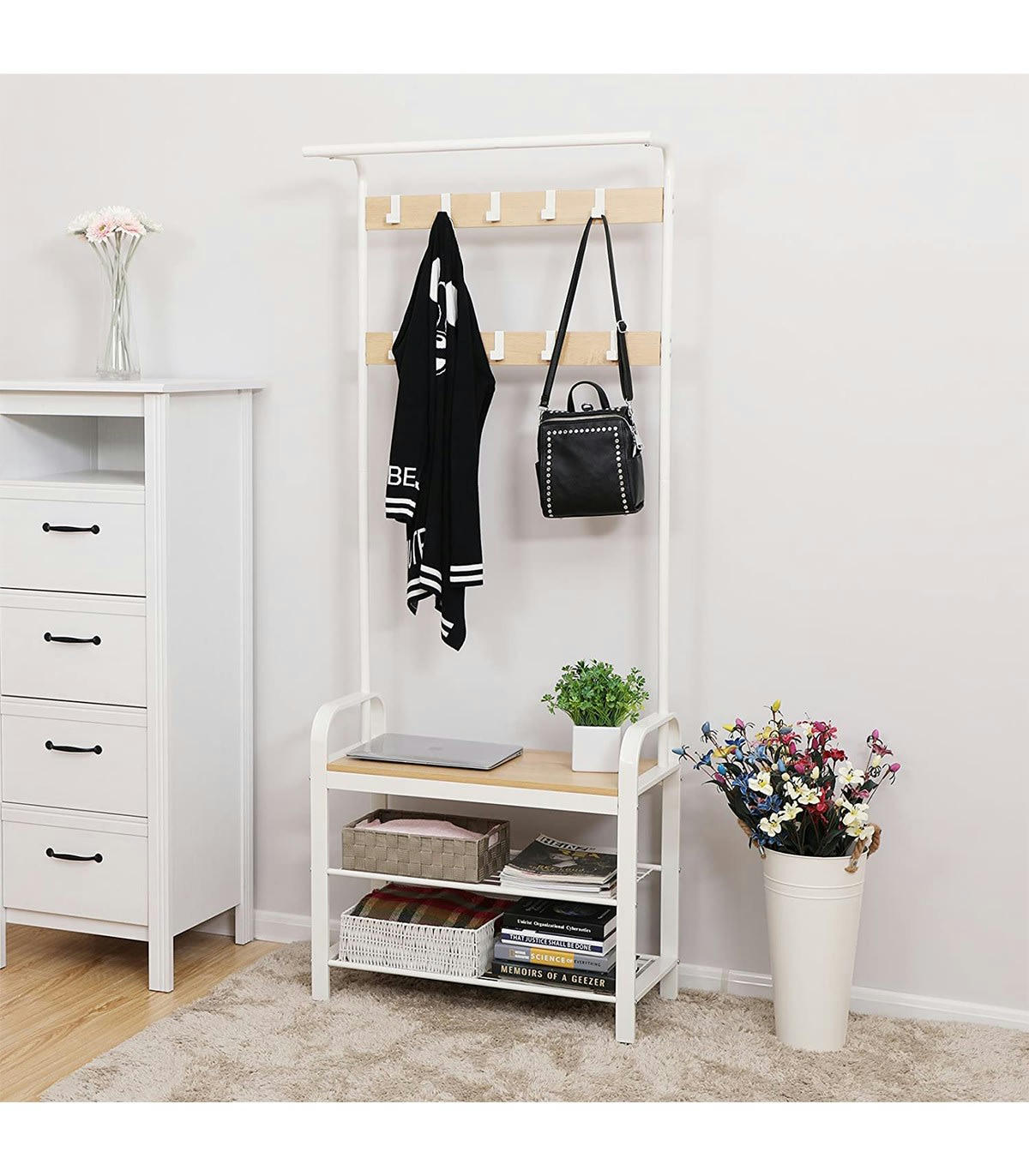 - Porte-manteau blanc avec étagères à chaussures et crochets H183 cm