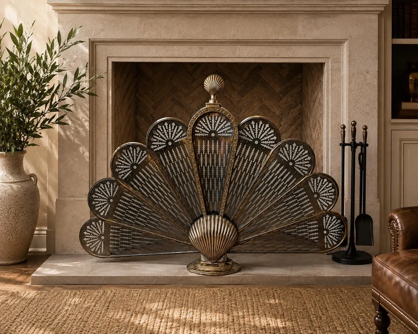 Vintage Brass Peacock Fireplace Screen | Folding Fan Firescreen with Shell Motif New Old Stock