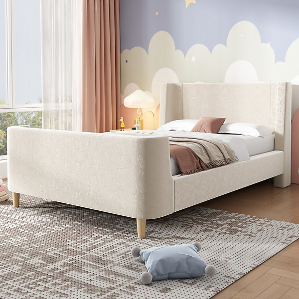 Lit 90x200 cm tapissé velours beige, design luge avec tête rembourrée et motif spatial, cadre métal et bois