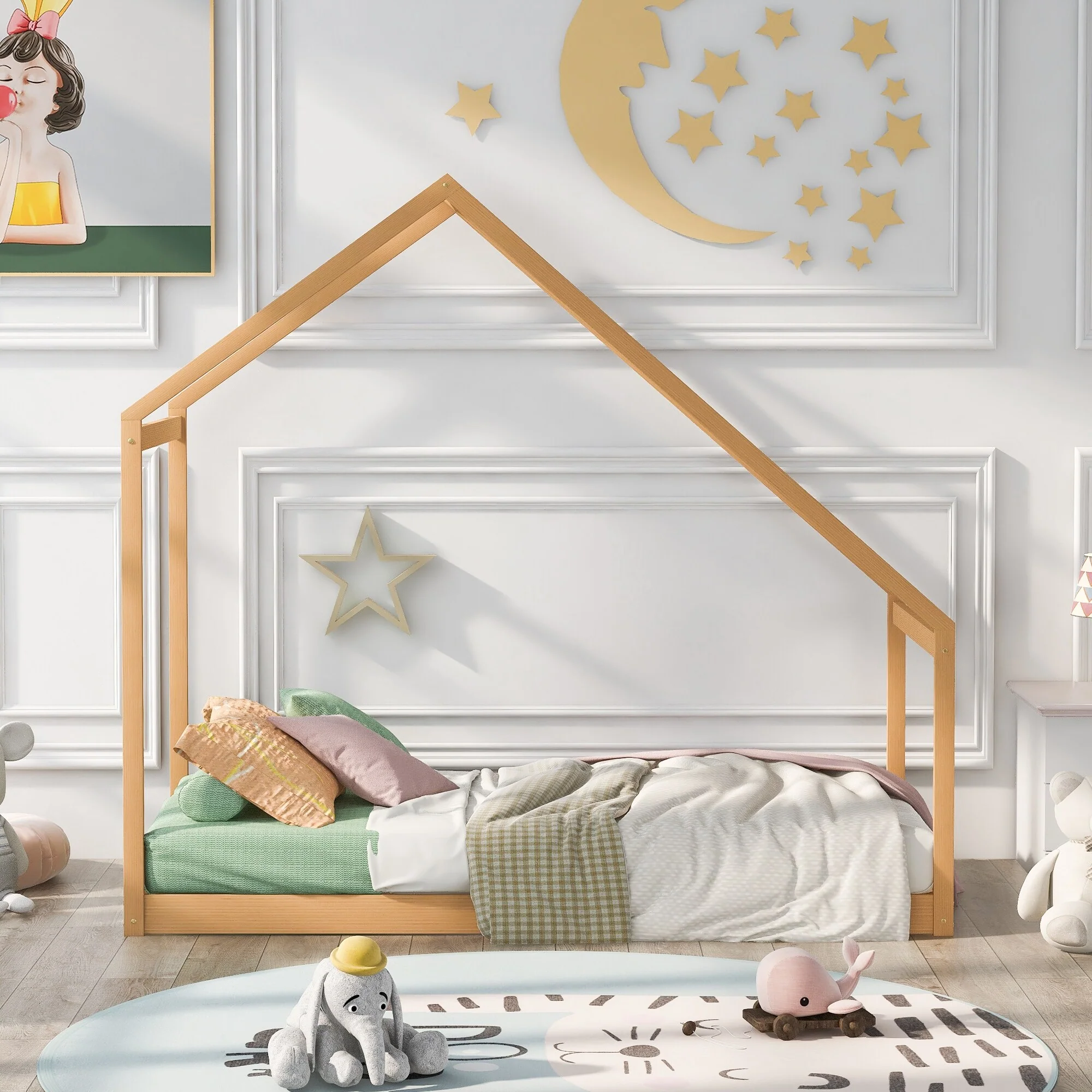 Twin House Bed with Pinewood Frame, Open and Airy Design for Kids