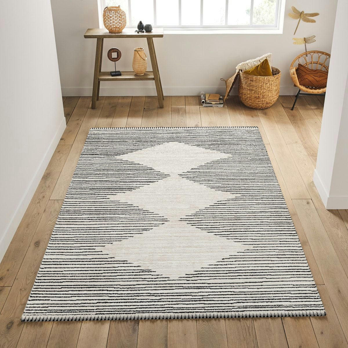 NEWA - Tapis bohème effet laine crème et anthracite 140x200cm