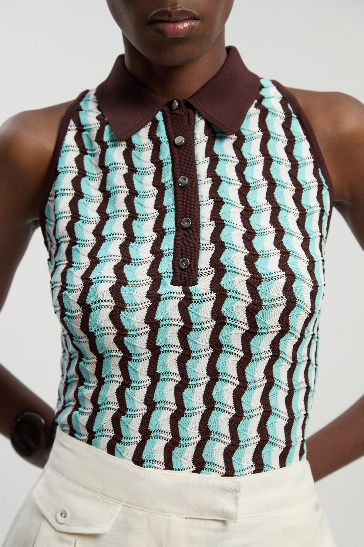 KarenMillen Knit Contrast Collar Pointelle Sleeveless Midi Top