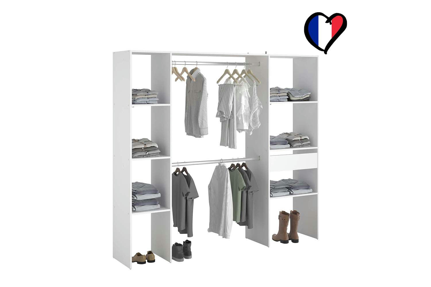 ELYSEE - Dressing blanc 6 étagères, 1 tiroir, 2 penderies 198 x 40 x 180 cm