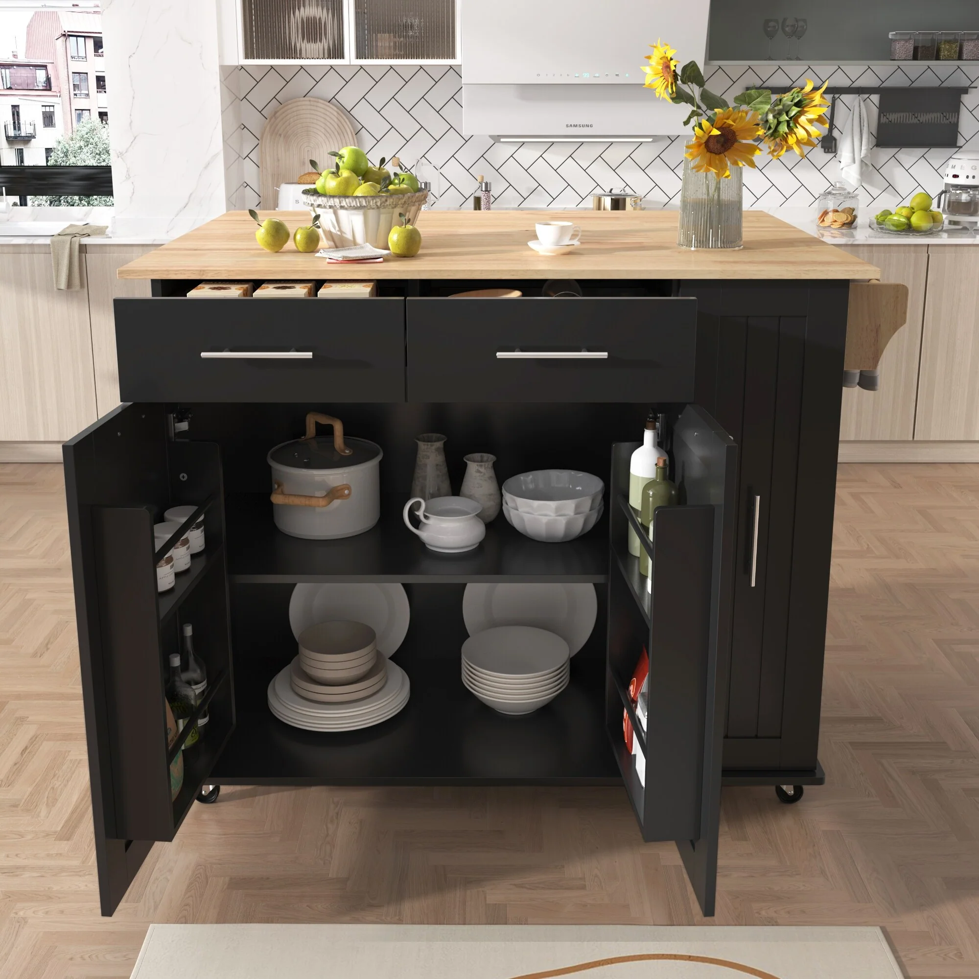 Kitchen Island with Drop Leaf, 3 Tier Pull Out Cabinet Organizer, Internal Storage Rack, Rolling Kitchen Cart on Wheels