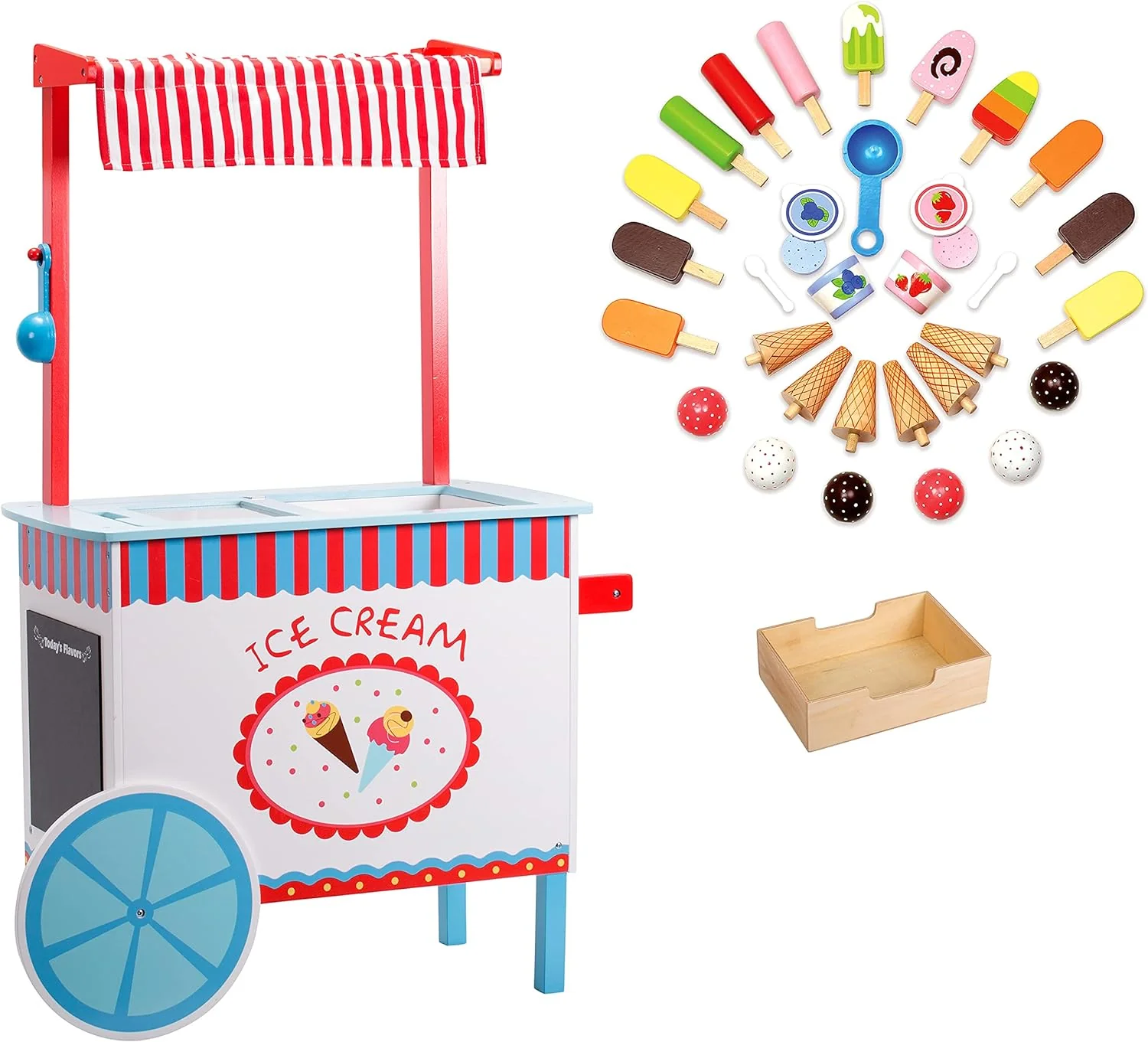 Premium Wood 33+ Pc Realistic Wooden Toy Set w Money Box, Chalkboard, 30+ Icecream Truck Accessories- Popsicles, Cones  Unique Flavors, Girls Boys Role Play