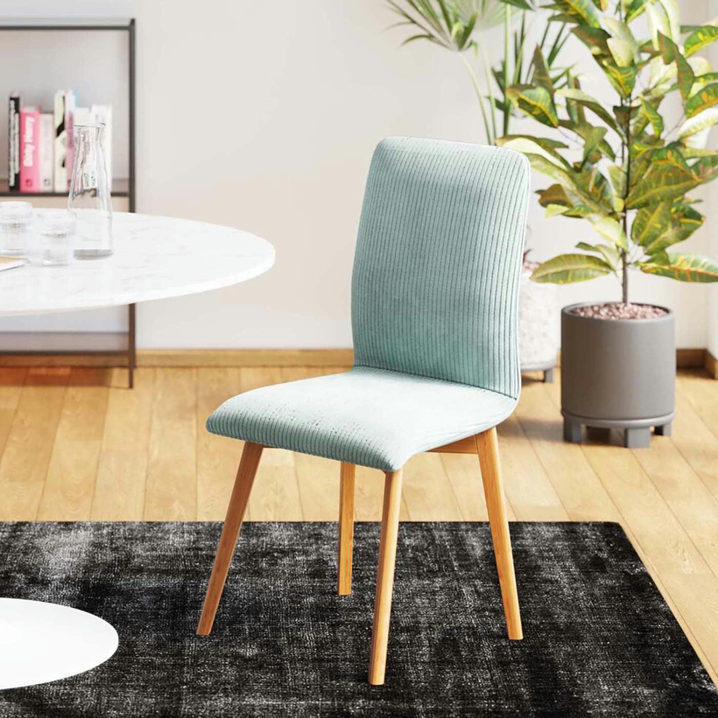 LARA CORD - Chaise en polyester côtelé bleu et chêne