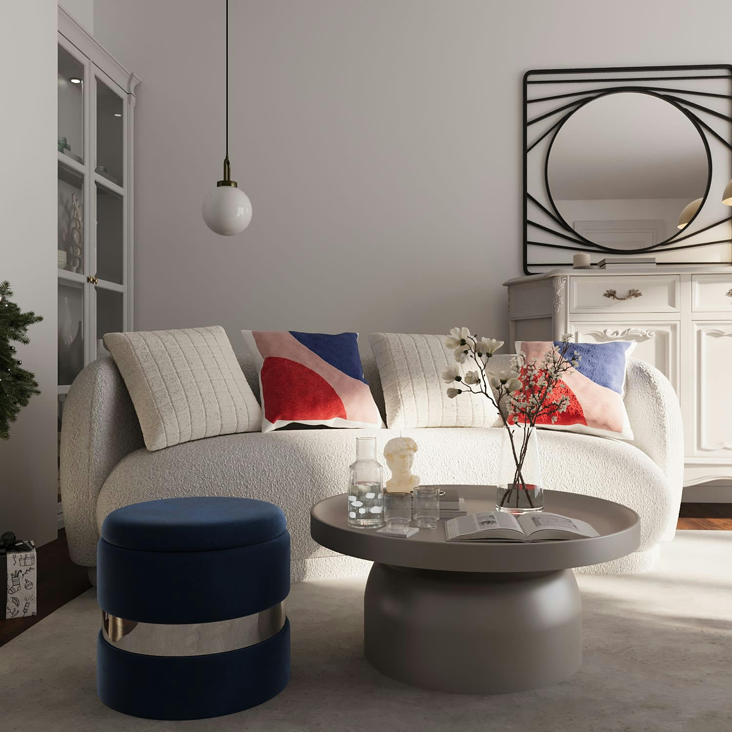 CAPUCINE - Pouf rond en velours bleu marine & métal avec rangement