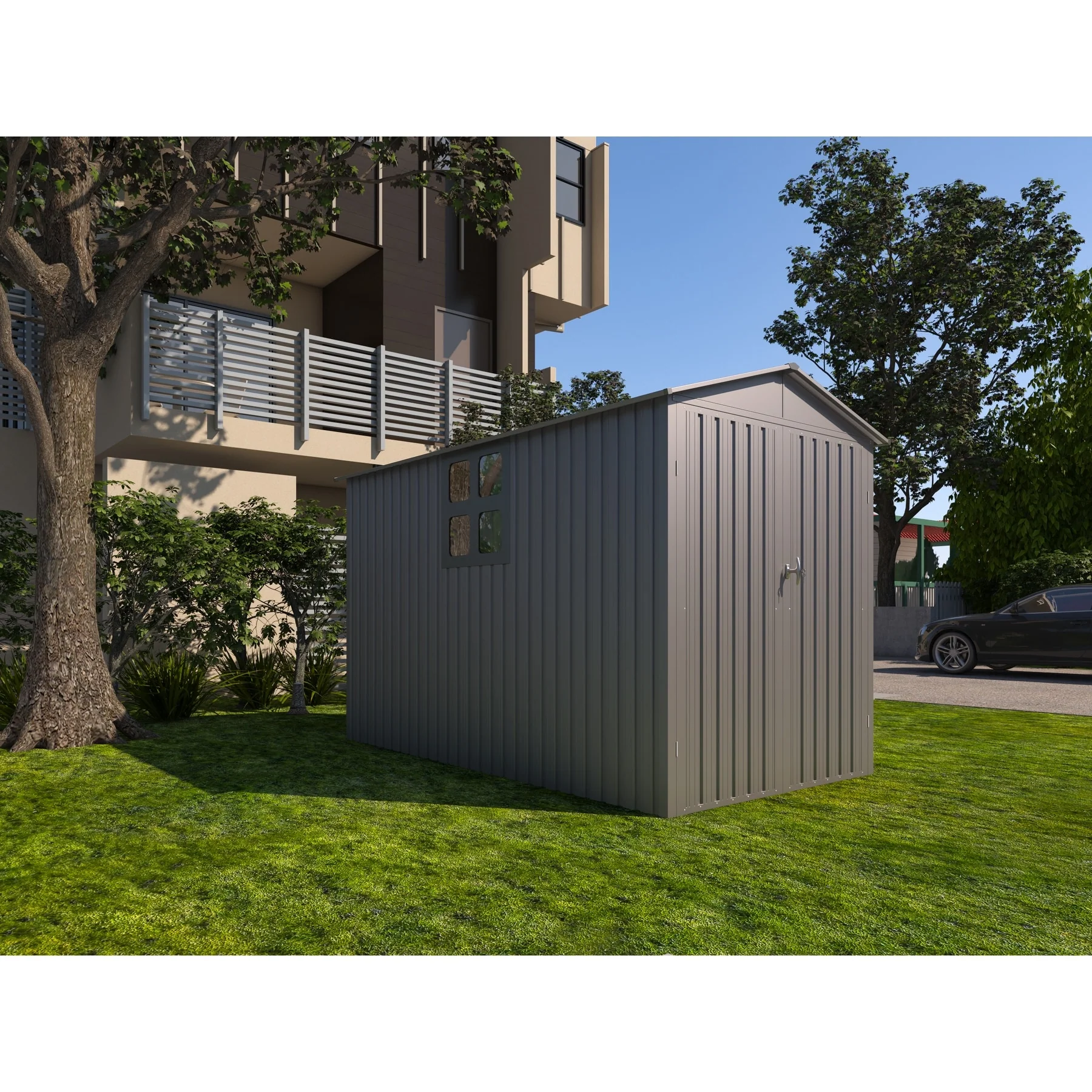 GDFStudio - Mason Clarke Motorcycle Outdoor Steel Storage Shed with Window, Tracks, and Fixtures