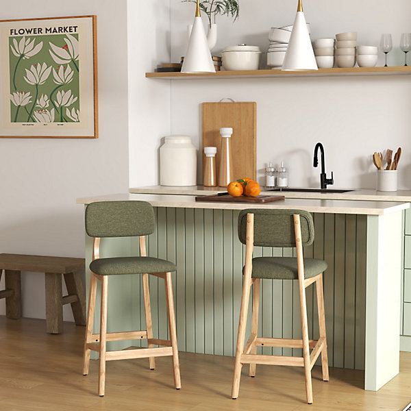 CLIFF-Tabouret de bar en bois naturel et Tissu Trendy Sauge (x2)