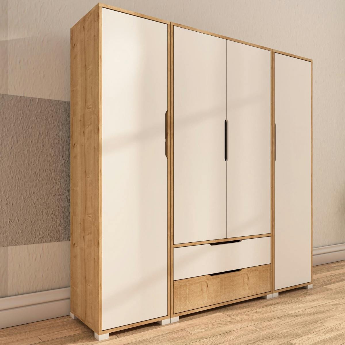 Armoire penderie 4 portes, effet bois et blanc BYRON
