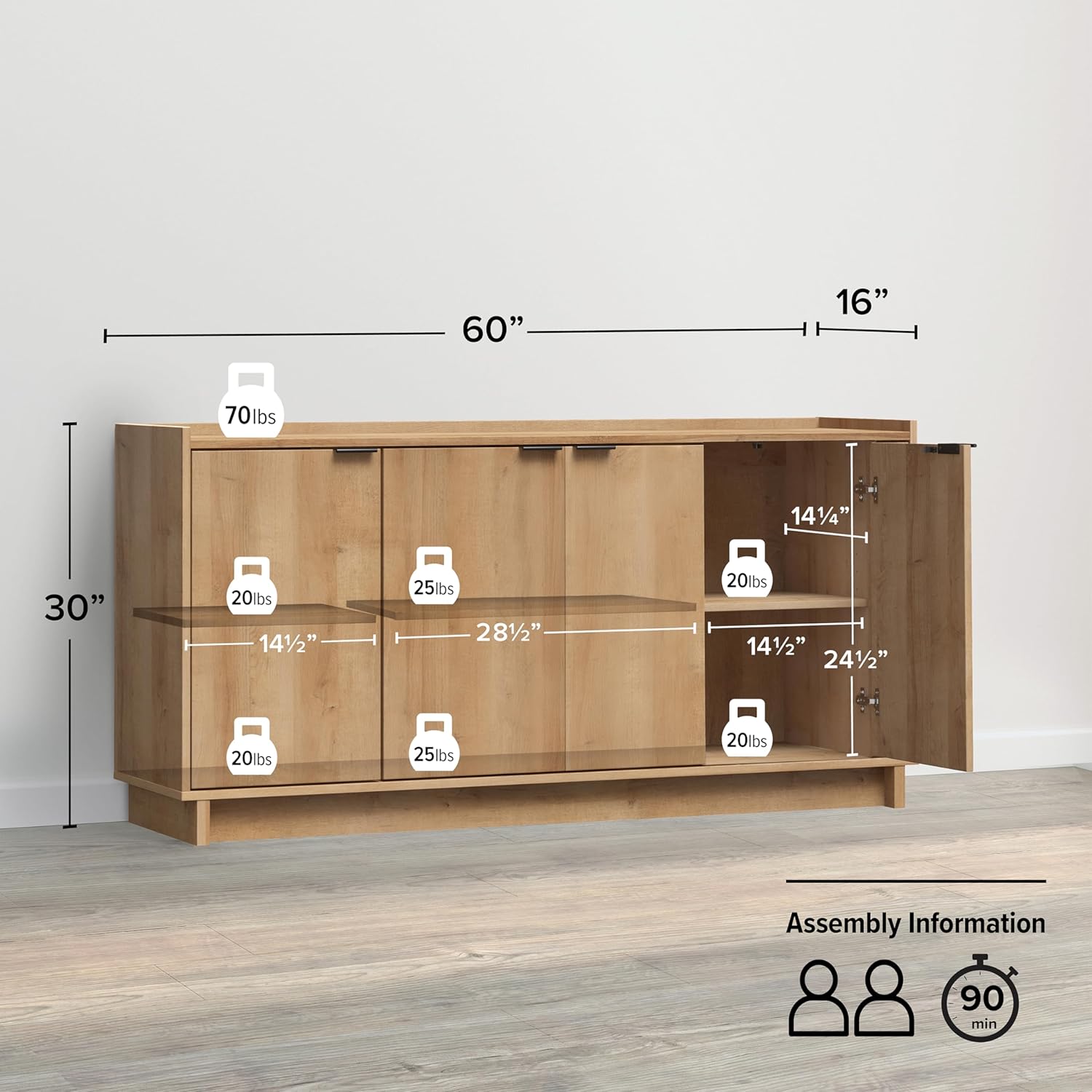 Prepac Simply Modern 4 Console Table, White Doors and Shelves, Sideboard Storage Cabinet, 60 W x 30 H x 16 D, Oak