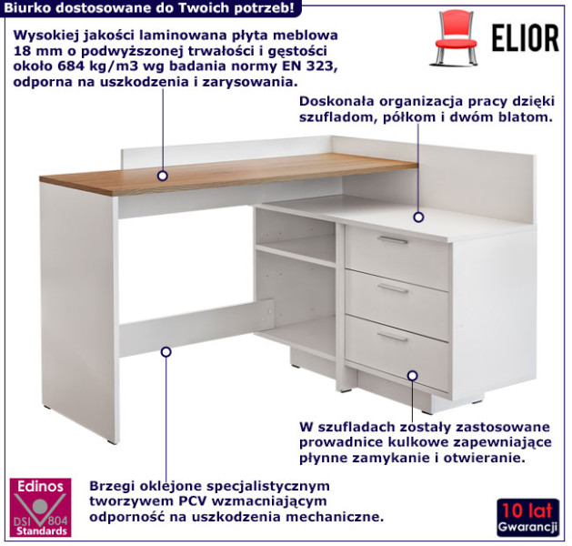 Nowoczesne narożne biurko z dwupoziomowym blatem - Rilo
