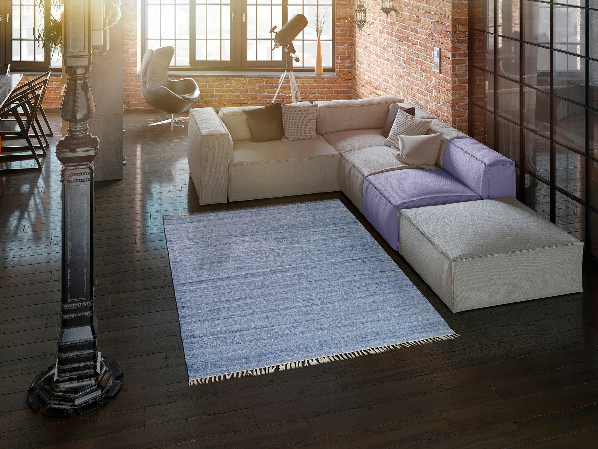 ECO-DHURRIE - Tapis fait main en pet recyclé en bleu, 160x230 cm
