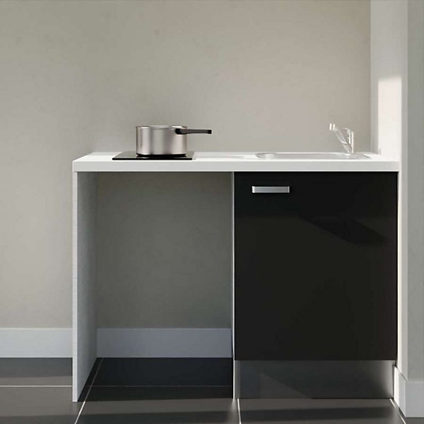 Kitchenette K08 - 120 cm - Façades : Noir - Plan de travail : Blanc - Crédences : Non - Evier Inox
